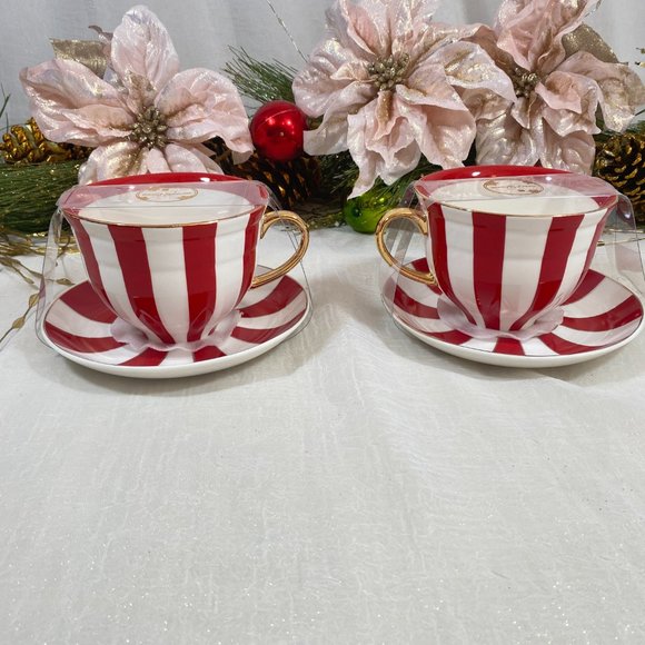 Grace Teaware Fine Porcelain Holiday Red Gold WH Stripe Tea Cups & Saucers 4PC - Picture 2 of 9